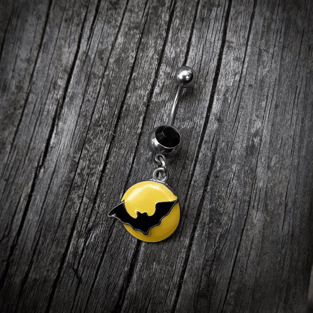 Full moon and vampire bat belly ring by Punk Pixie Bound