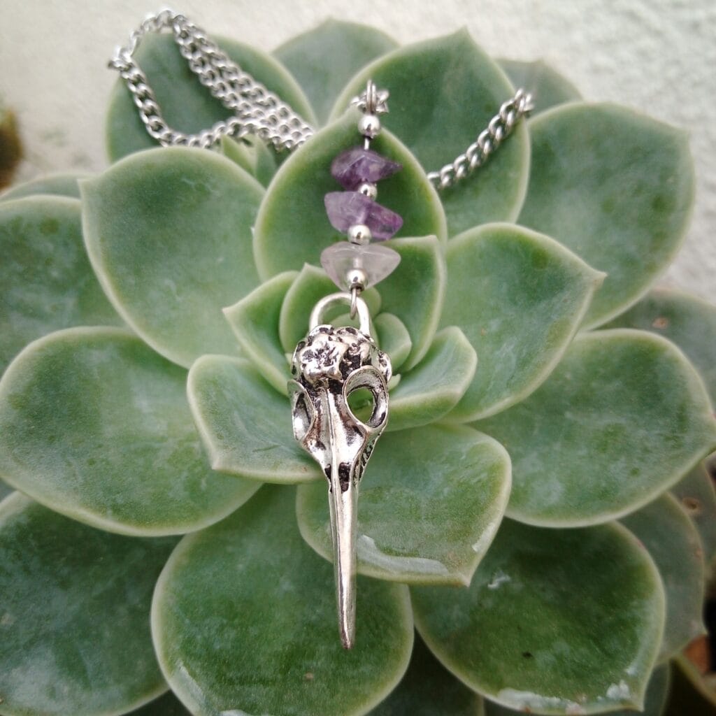 Mage pendant - amethyst gemstone and bird skull necklace